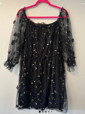 SHEIN Black Mini Dress with Green Embroidered Floral Detail